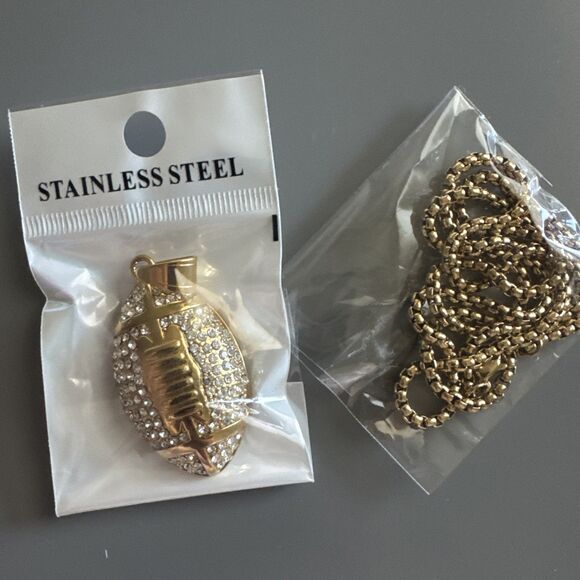 Football Pendant Chain Stainless Steel Super Bowl Gift Men’s Cubic Zirconia Gold - Picture 6 of 6